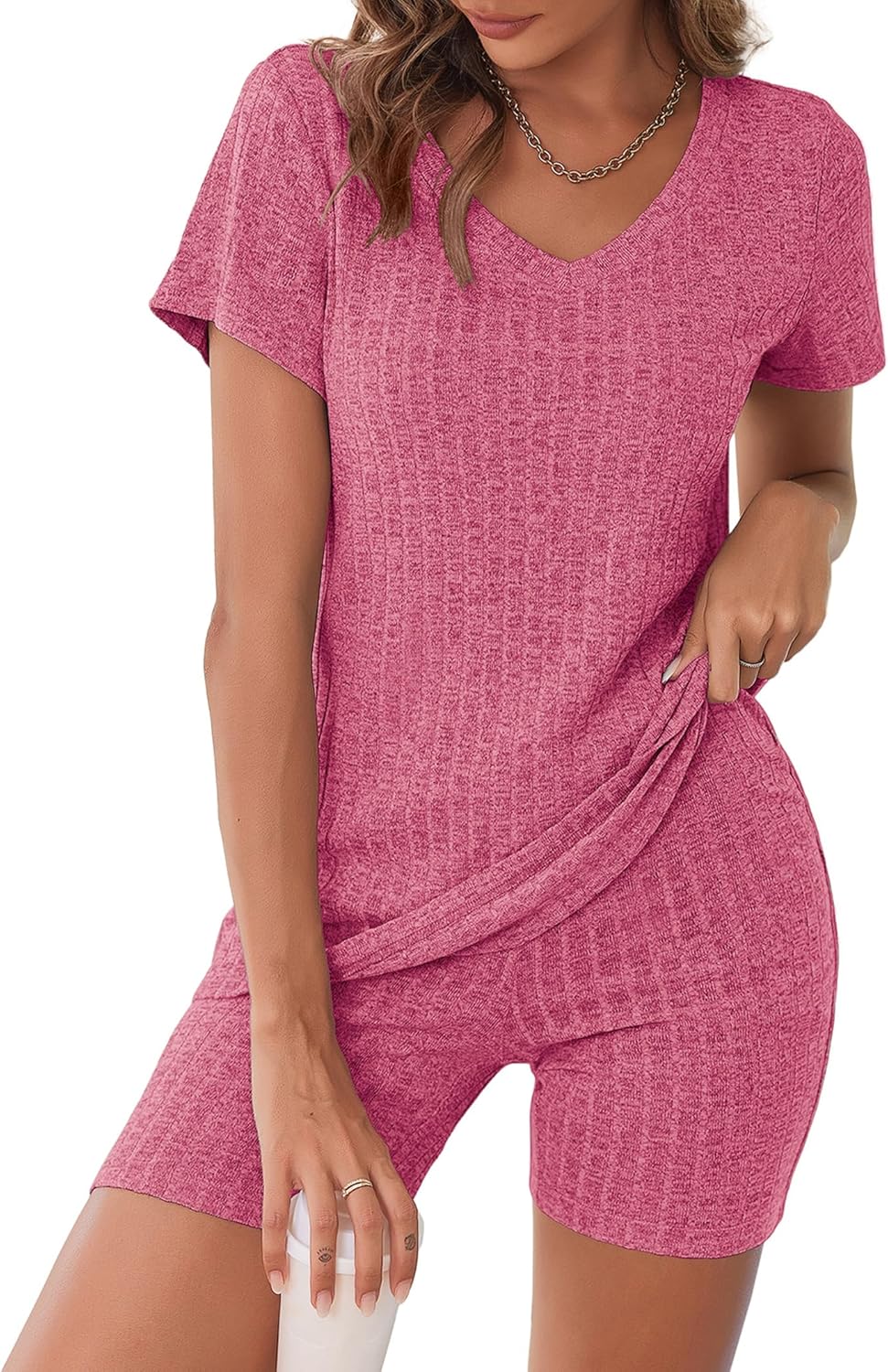 Biker Short Sets Women 2 Piece Outfits Ribbed Pajama Short Sleeve Workout Set