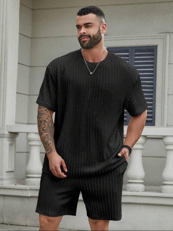 Two-Piece Set Men's Solid Waffle Knit Short Sleeve Tee & Pocket Shorts Set