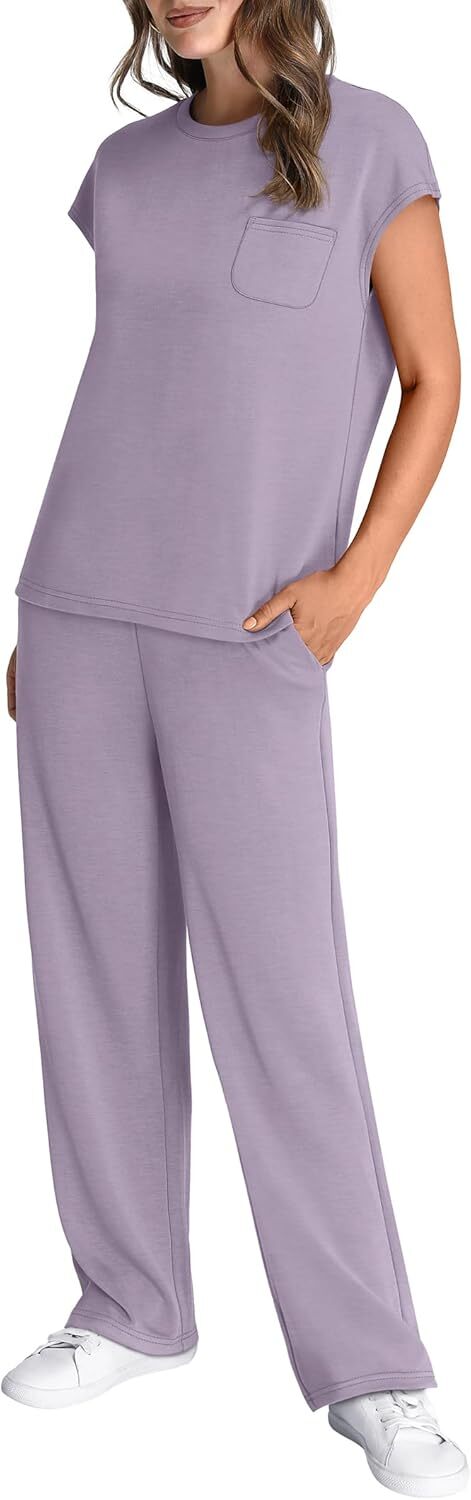 🔥 Hot selling model-2 Piece Sets for Women Casual Summer Travel Vacation Outfits Cap Sleeve Lounge Set
