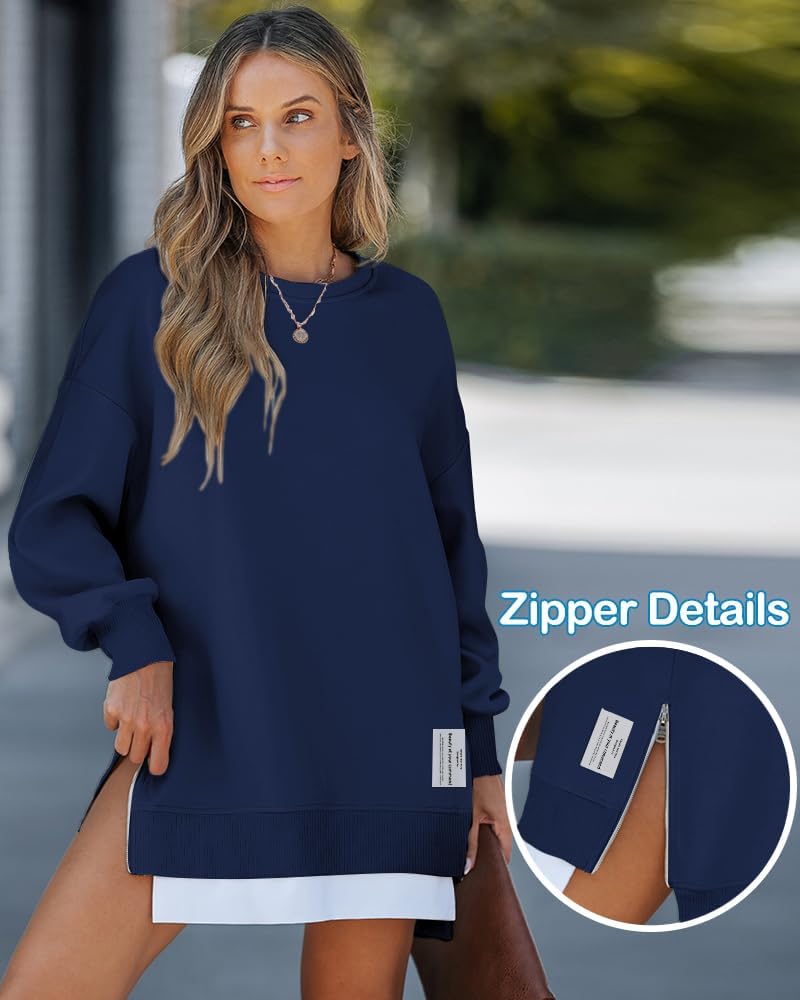 Womens Long Sleeve Zipper Slit Oversized Sweatshirt 2025 Casual Pullover Zipper Hoodies Fall Clothes