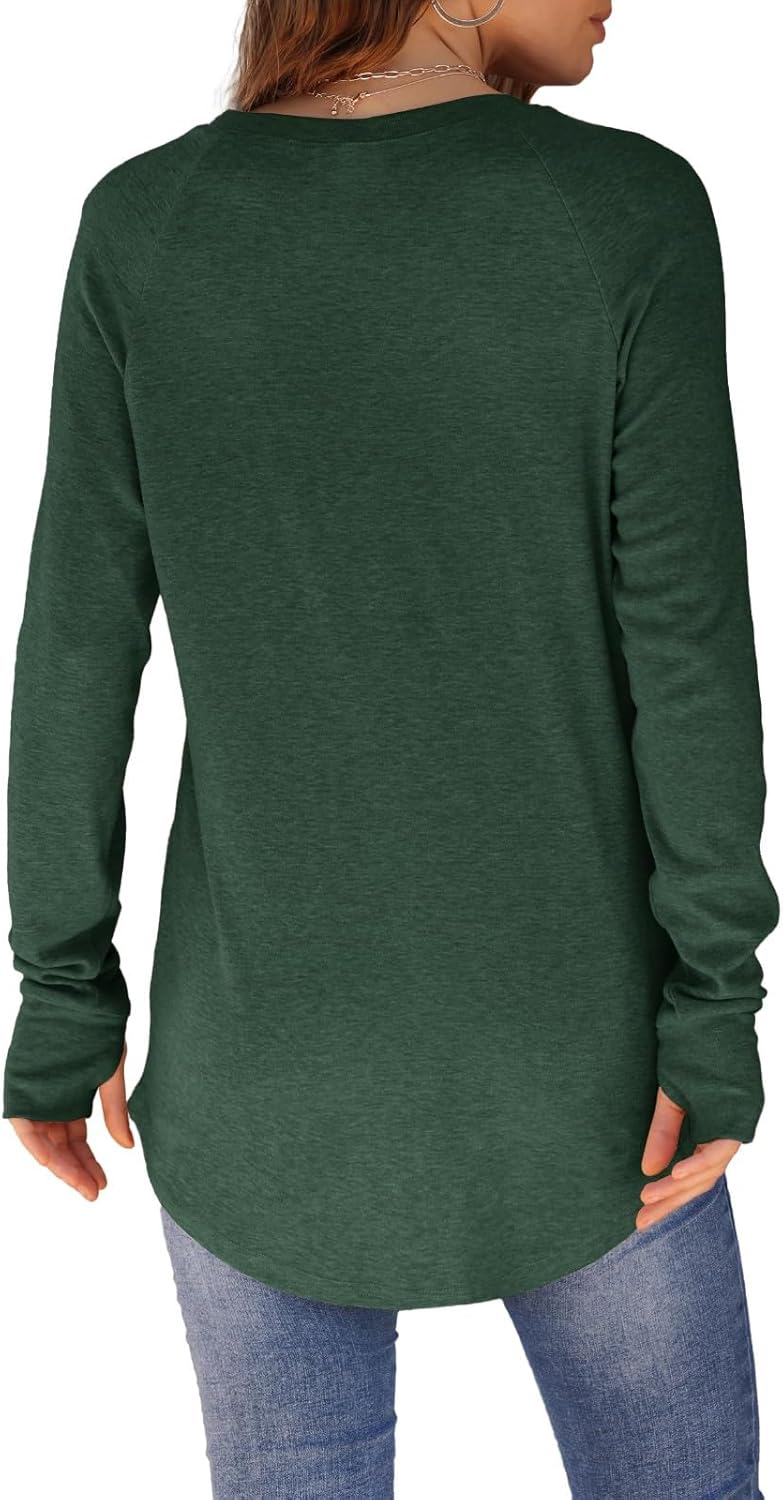 Womens Tunic Tops to Wear with Leggings Long Sleeve Thumb Hole Shirts Crew Neck Curved Hem Fall Winter Clothes