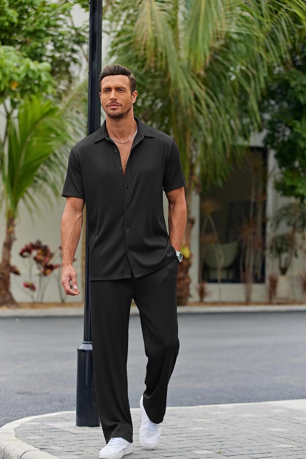 Men's 2 Piece Outfit Casual Short Sleeve Button Down Shirt Beach Summer Loose Pant Sets