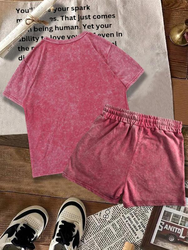 Two-piece Set Women's Solid Color Shortsleeve Tee & Denim-effect Print Shorts Cotton Set