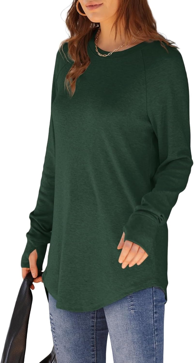 Womens Tunic Tops to Wear with Leggings Long Sleeve Thumb Hole Shirts Crew Neck Curved Hem Fall Winter Clothes