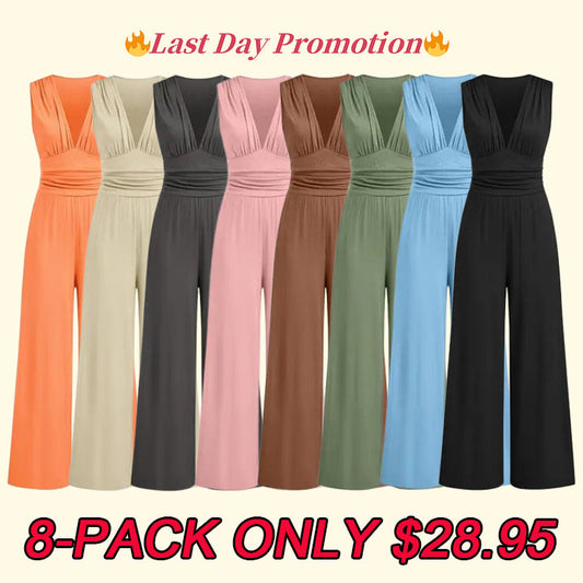 🔥Flash Sale⚡ Deep V Neck Ruched Tank Jumpsuit, Sleeveless Wide Leg Jumpsuit, Women's Vacation & Holiday Wear for Evening Outfits on Holiday, Valentine's Day Gift for Girl