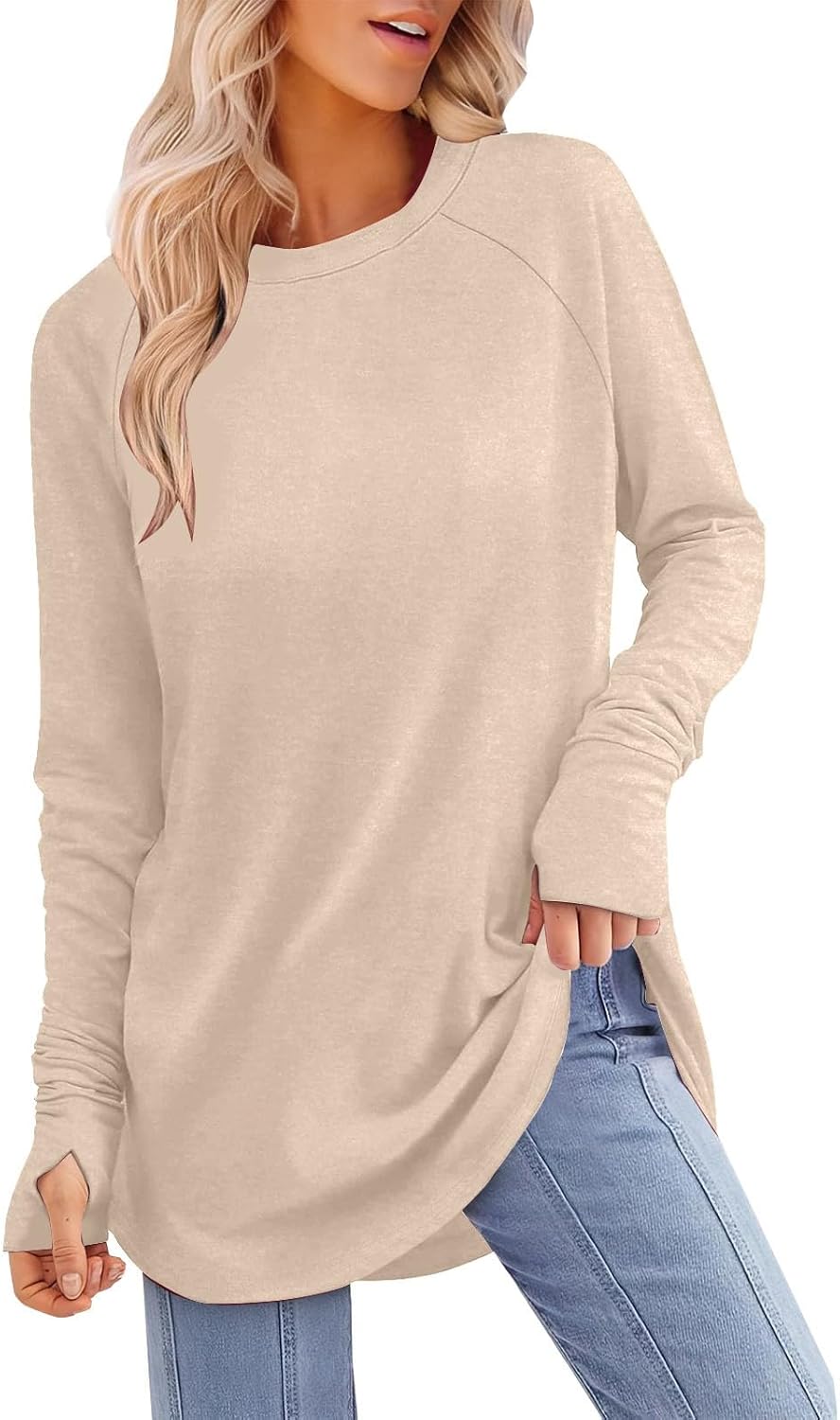 Womens Tunic Tops to Wear with Leggings Long Sleeve Thumb Hole Shirts Crew Neck Curved Hem Fall Winter Clothes