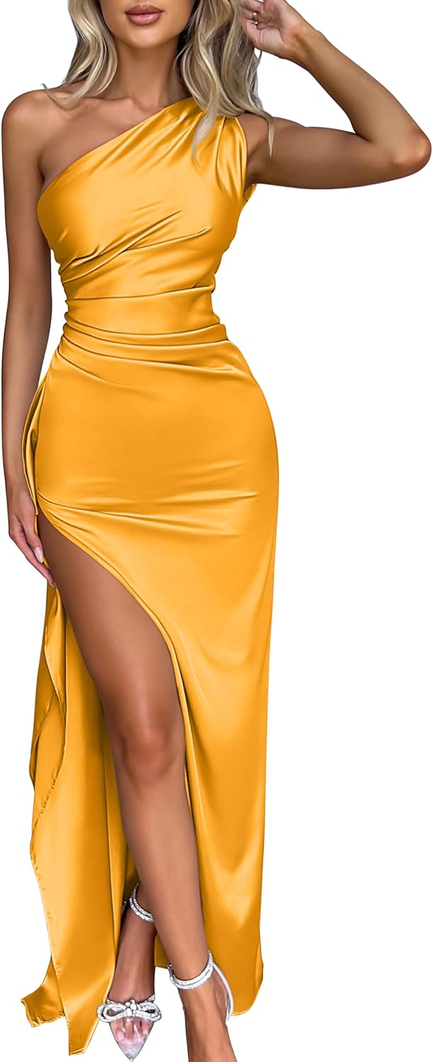Women's Sexy One Shoulder High Split Cocktail Wedding Party Maxi Dress