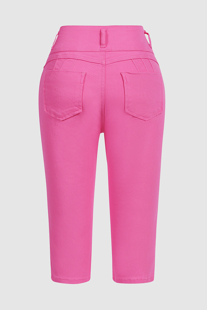 Solid Cut Out Waist Skinny High Waist Capri Jeans