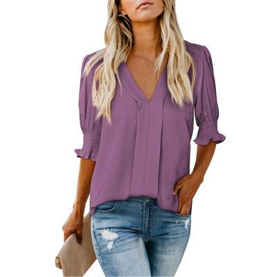 Womens Vneck T Shirts Tops Casual Ruffle Short Sleeve Blouses Boho Floral Graphic Solid