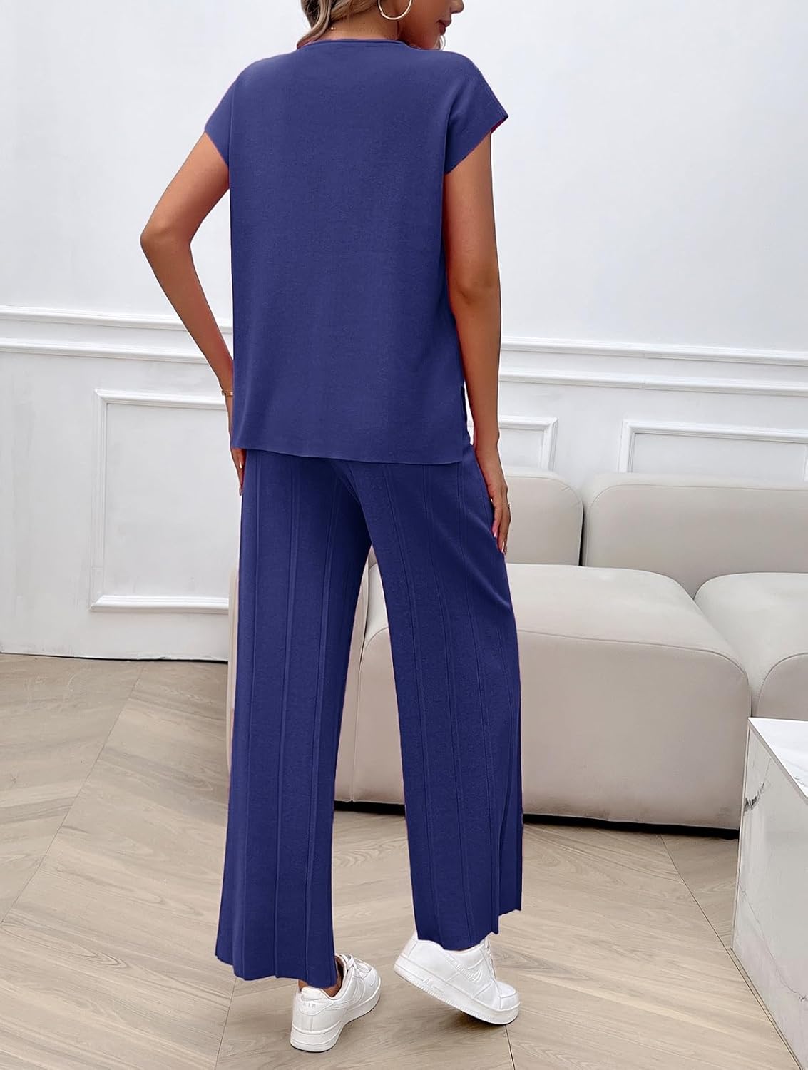 Womens 2 Pieces Lounge Sets Knit Sweater Sets Casual Cap Sleeve Tops with Wide Leg Pants Tracksuits