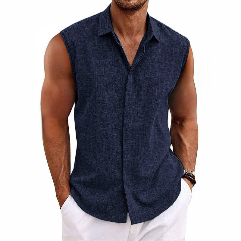 Men's Solid Color Lapel Cotton and Linen Sleeveless Shirt