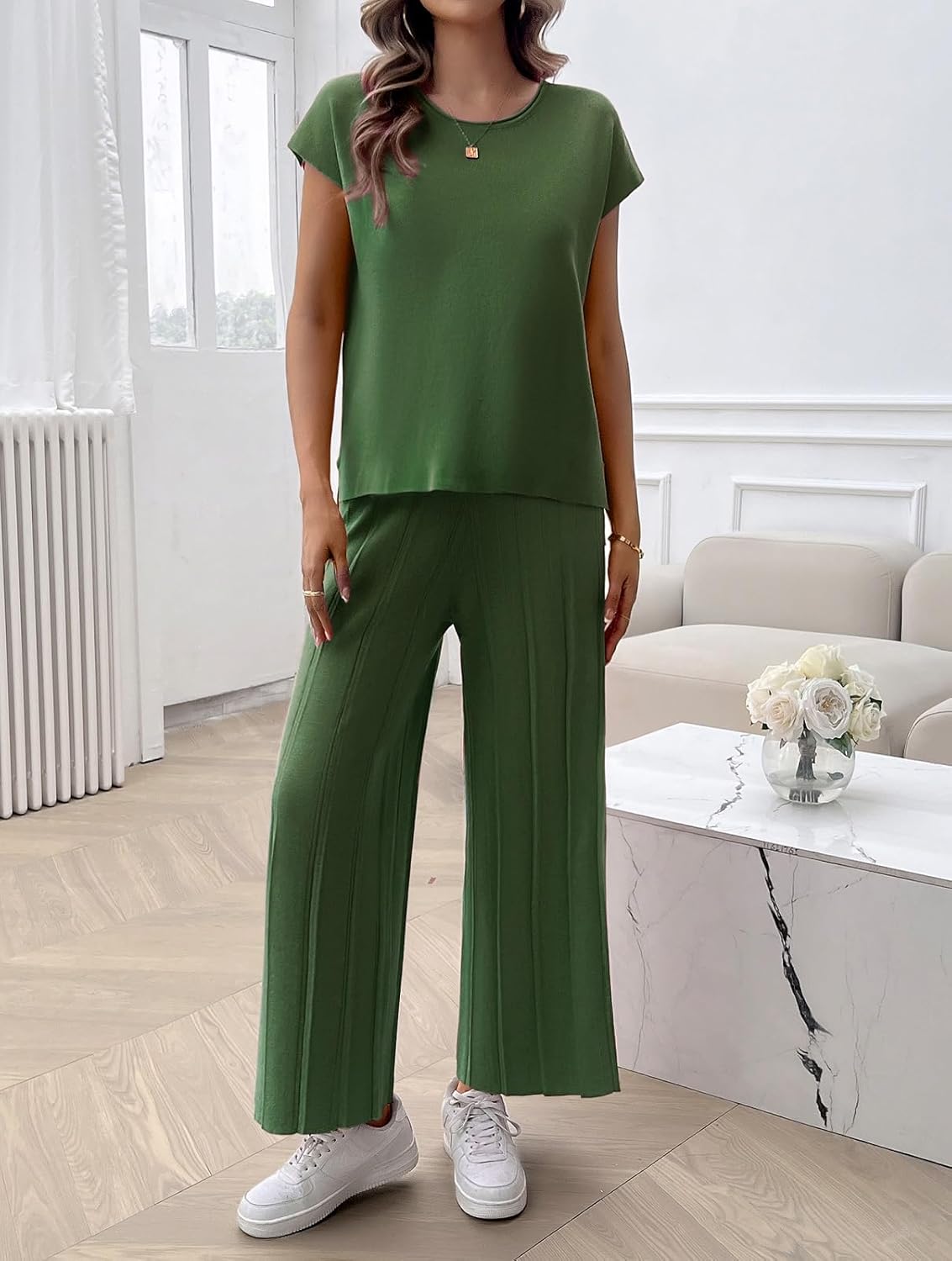 Womens 2 Pieces Lounge Sets Knit Sweater Sets Casual Cap Sleeve Tops with Wide Leg Pants Tracksuits