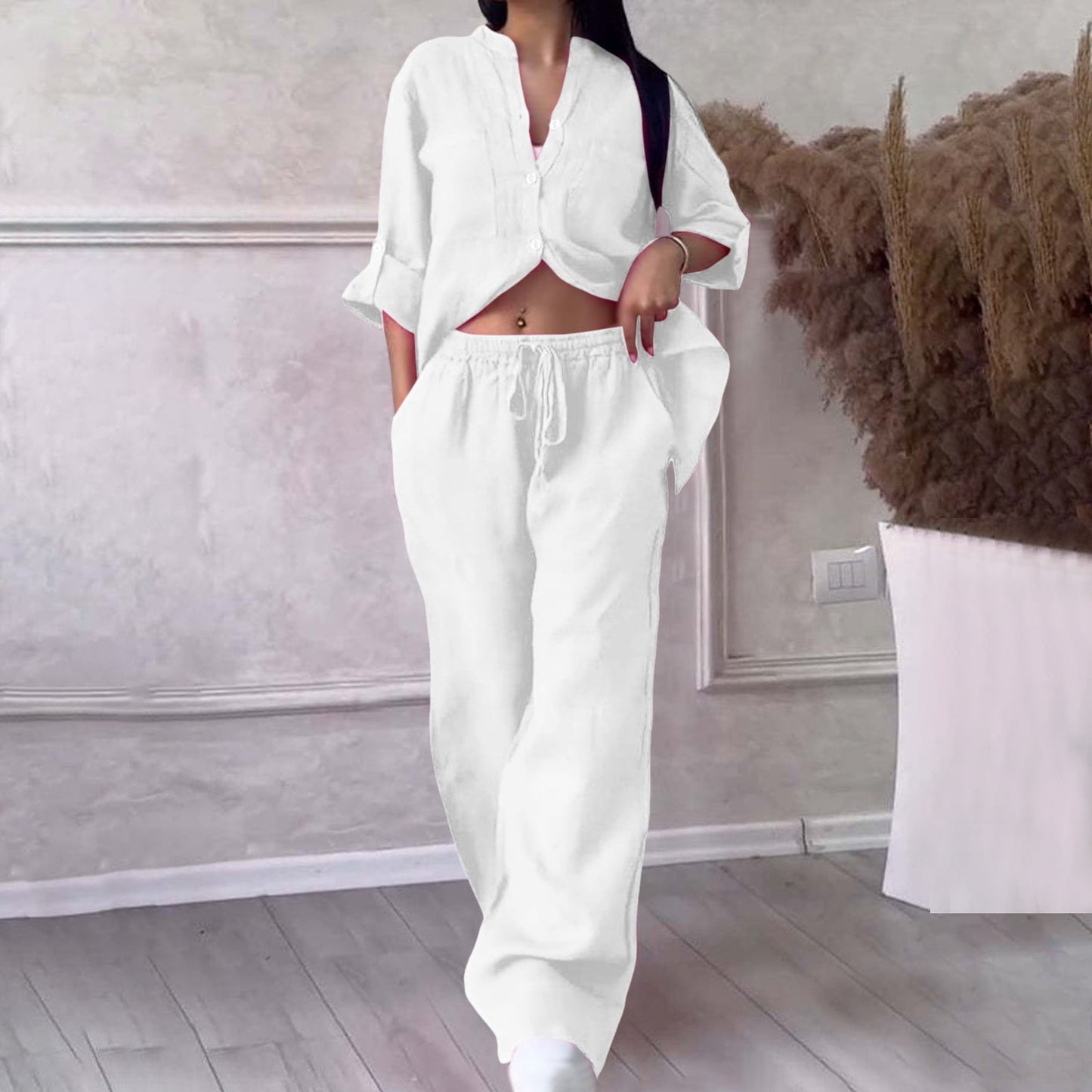 Women's Two Piece 2025 Lapel Long Sleeved Shirt Spring Summer Casual Solid Pants Wide Leg Two Piece Suit Women's Fashion Business Suit Two Piece Pants Set Women Trousers Suit Outfits for Women Girls