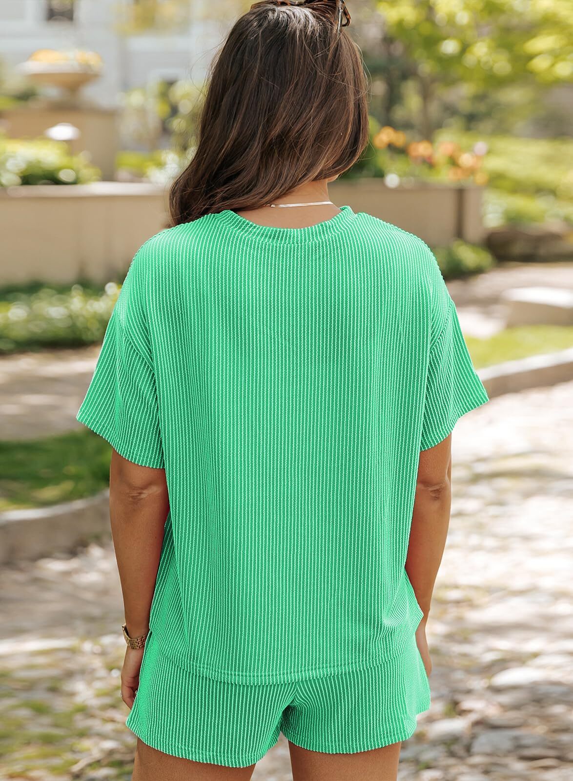 Women's Pocket Casual Short Sleeve T-shirt & Elastic Waist Shorts, Ribbed 2 Piece Sets