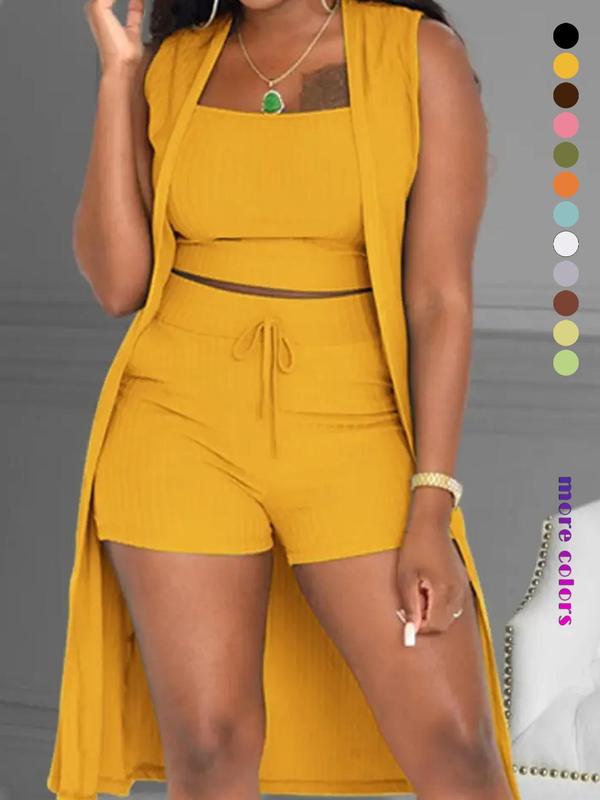 Three-Piece Set Women's Solid Ribbed Co-ord Set, Casual Crop Tank Top & Drawstring Waist Shorts & Vest Coat Set for Daily Wear, Summer Clothes, Chic Women's Clothing
