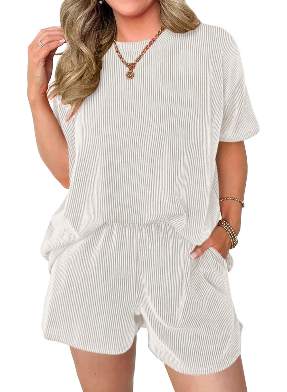 Women's Pocket Casual Short Sleeve T-shirt & Elastic Waist Shorts, Ribbed 2 Piece Sets