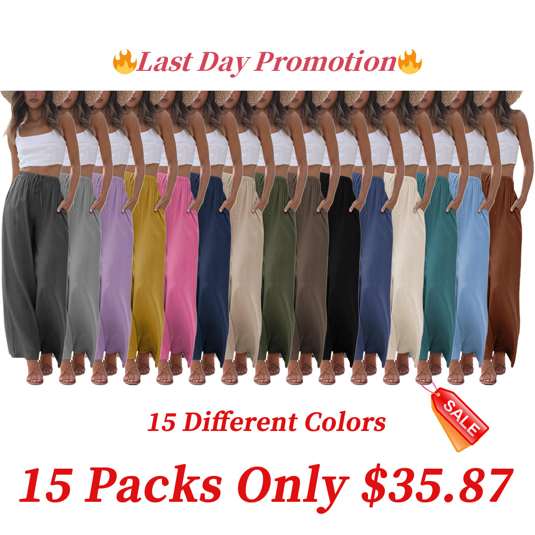 Women's Cotton Linen Summer Palazzo Pants Flowy Wide Leg Beach Trousers with Pockets