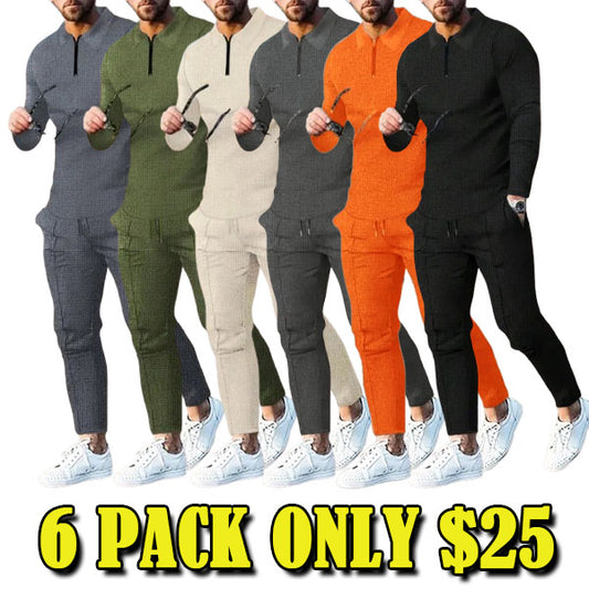 Men's Solid Textured Long Sleeve Polo Shirt & Drawstring Waist Pants Matching Sets