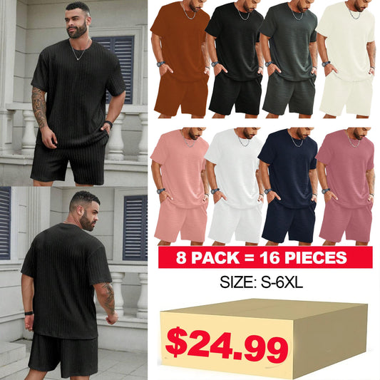 Two-Piece Set Men's Solid Waffle Knit Short Sleeve Tee & Pocket Shorts Set