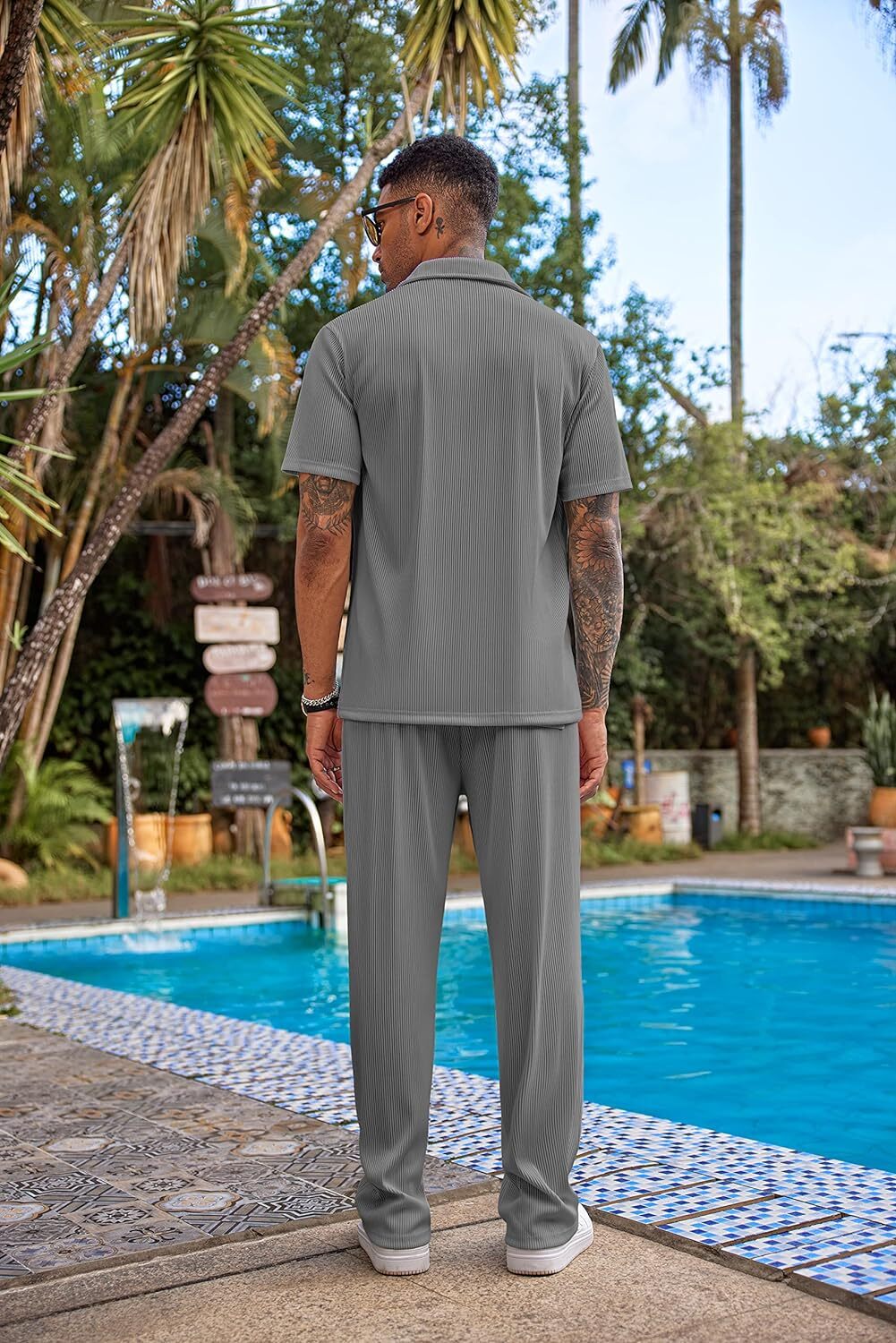 Men's 2 Piece Outfit Casual Short Sleeve Button Down Shirt Beach Summer Loose Pant Sets