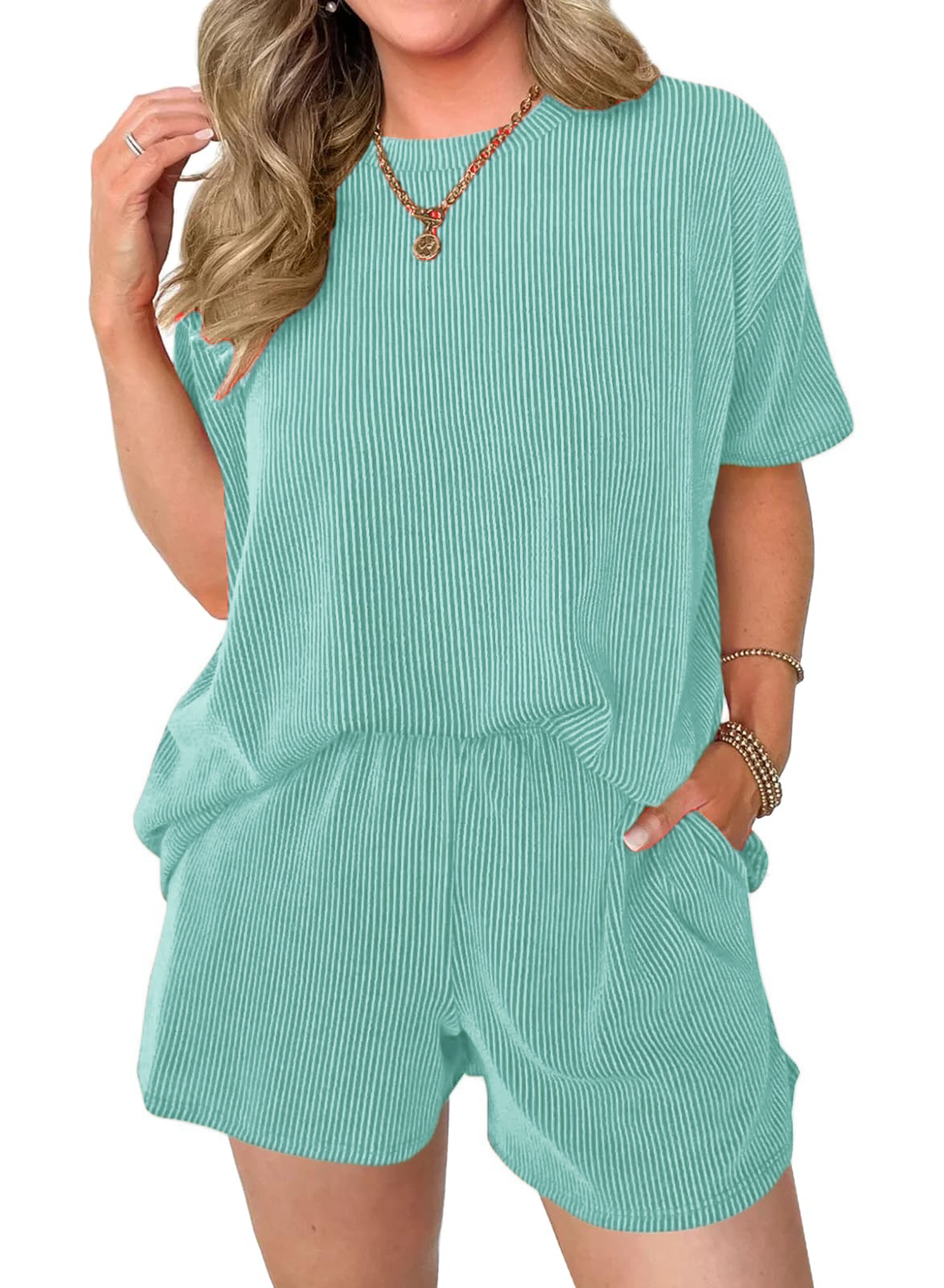 Women's Pocket Casual Short Sleeve T-shirt & Elastic Waist Shorts, Ribbed 2 Piece Sets