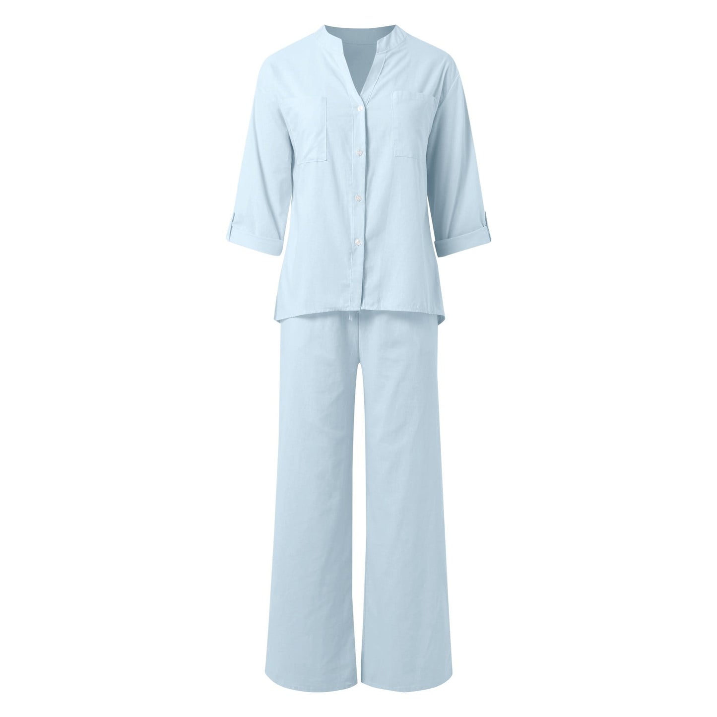 Women's Two Piece 2025 Lapel Long Sleeved Shirt Spring Summer Casual Solid Pants Wide Leg Two Piece Suit Women's Fashion Business Suit Two Piece Pants Set Women Trousers Suit Outfits for Women Girls