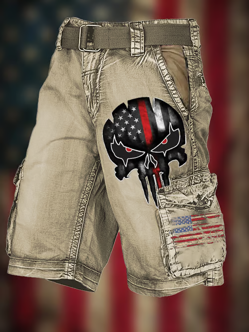 Men's Vintage Flag Independence Day Multi-Pocket Print Cargo Shorts (Belt Included)
