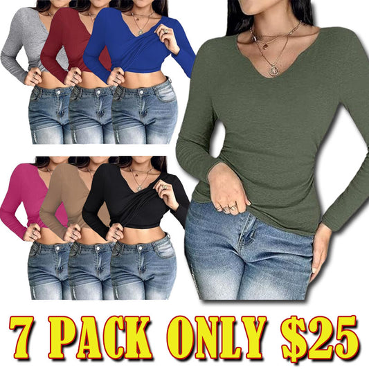 Women Built-in Self Bra Notch Neck Long Sleeve Shirts Tops Ruched Waist Rib-Knit Top