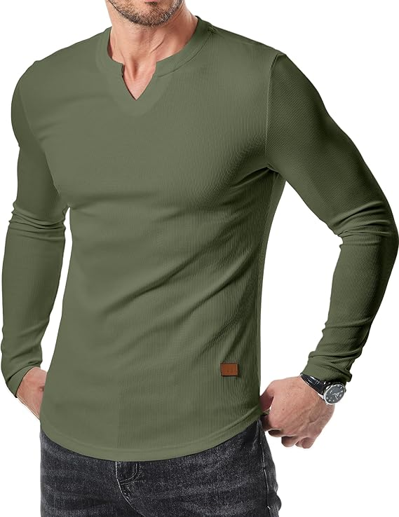 Men's Plain Casual Muscle Shirts for Men Slim Fitted T Shirt V-Neck Longline Ribbed Tees