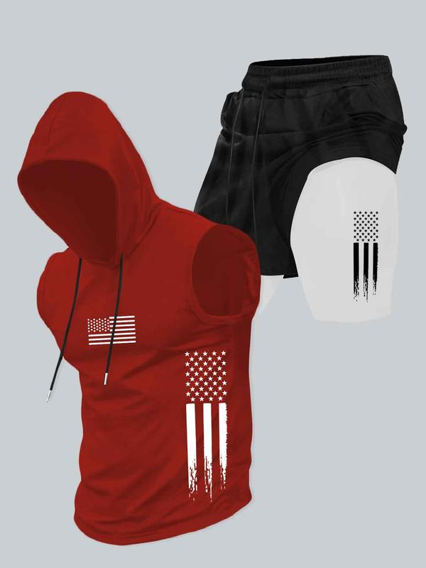 Season promotion--Two-piece Set Men's American Flag Print Hooded Tank Top & Shorts Set
