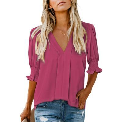 Womens Vneck T Shirts Tops Casual Ruffle Short Sleeve Blouses Boho Floral Graphic Solid