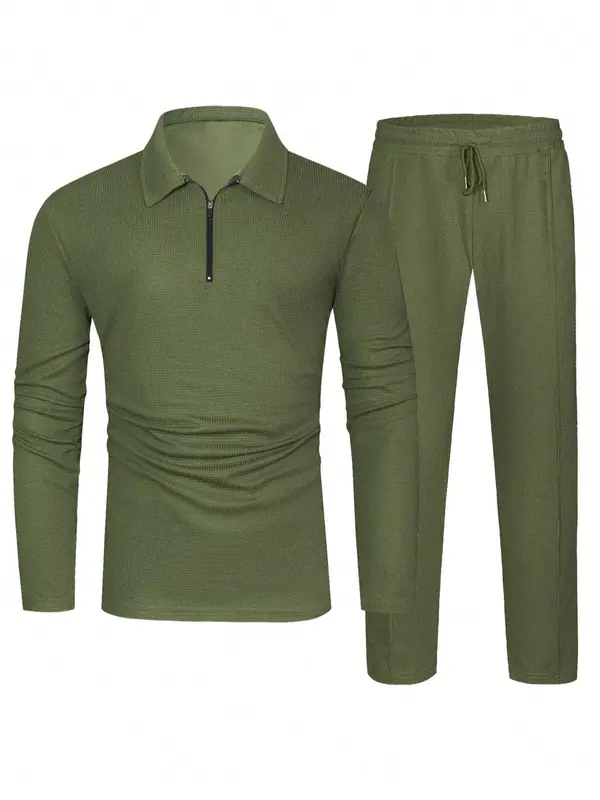 Men's Solid Textured Long Sleeve Polo Shirt & Drawstring Waist Pants Matching Sets