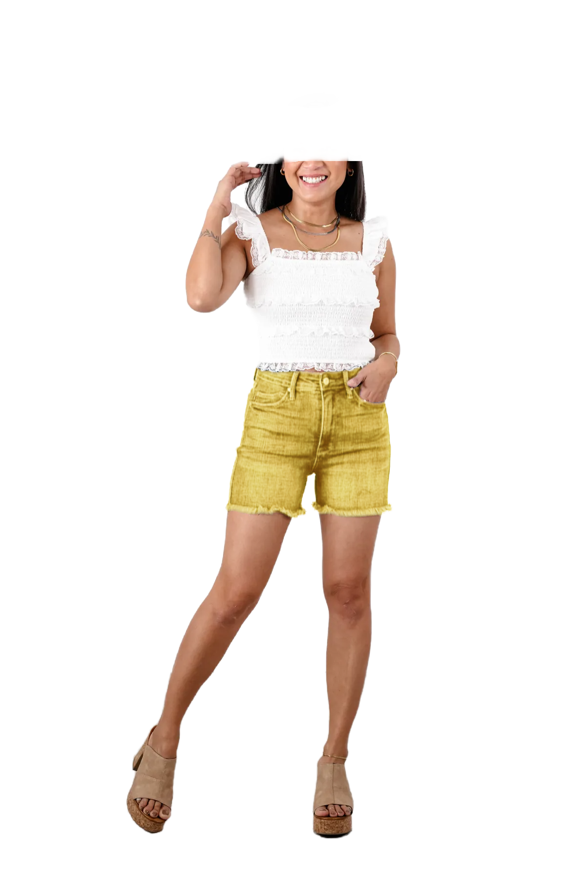 🔥2025 Hot Trend🔥Dark Wash Tummy Control Fray Hem Shorts with Shield Back Pockets
