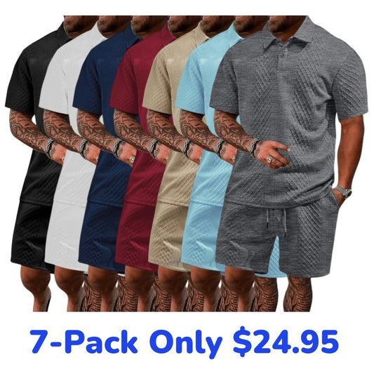 7 Packs Men's casual sports lapel jacquard texture polo shirt set