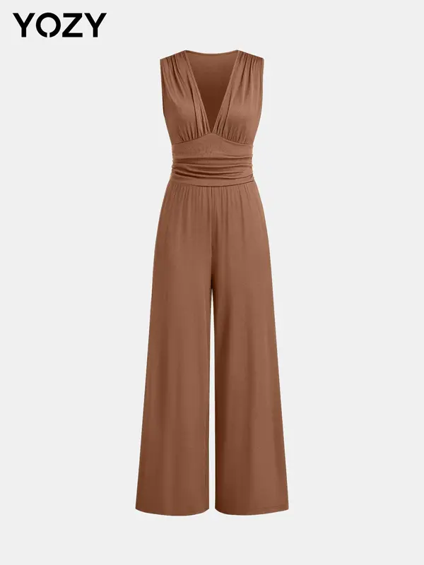 🔥Flash Sale⚡ Deep V Neck Ruched Tank Jumpsuit, Sleeveless Wide Leg Jumpsuit, Women's Vacation & Holiday Wear for Evening Outfits on Holiday, Valentine's Day Gift for Girl