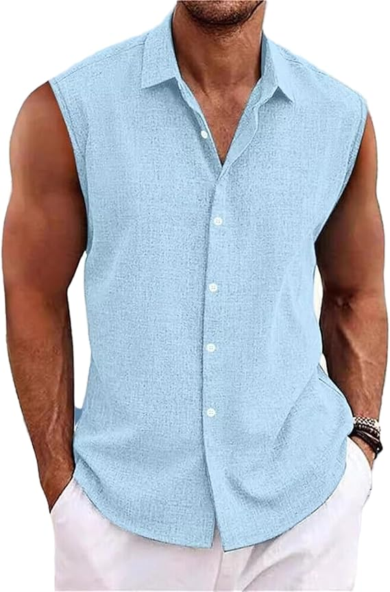 Men's Solid Color Lapel Cotton and Linen Sleeveless Shirt