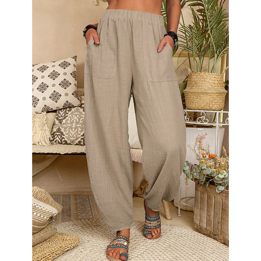 Women's Cotton Linen Pants Baggy Pants Harem Pants Comfort Solid Color Pocket Elastic Waist Causal