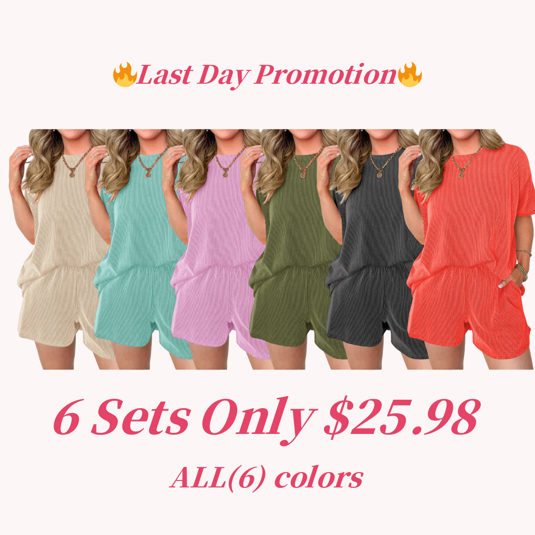 Women's Pocket Casual Short Sleeve T-shirt & Elastic Waist Shorts, Ribbed 2 Piece Sets