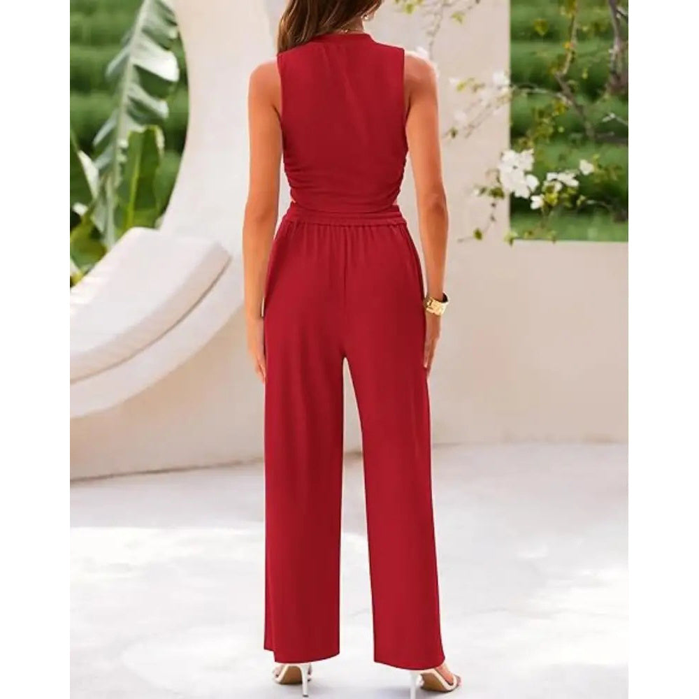 Women's Summer 2-Piece Outfits - Ribbed Knit Crew Neck Sleeveless Cropped Top & Wide Leg Pants Lounge Set