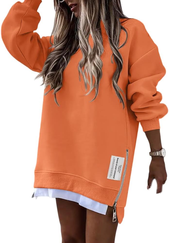 Womens Long Sleeve Zipper Slit Oversized Sweatshirt 2025 Casual Pullover Zipper Hoodies Fall Clothes