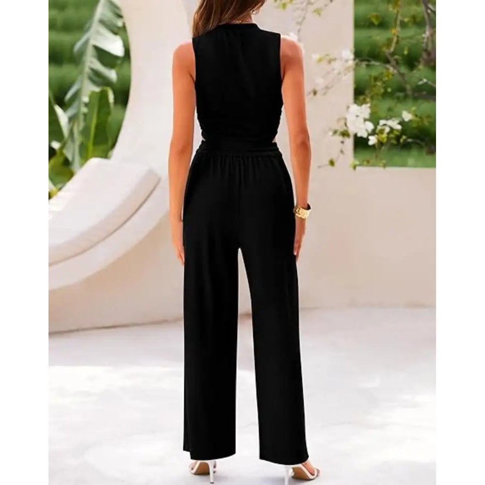 Women's Summer 2-Piece Outfits - Ribbed Knit Crew Neck Sleeveless Cropped Top & Wide Leg Pants Lounge Set