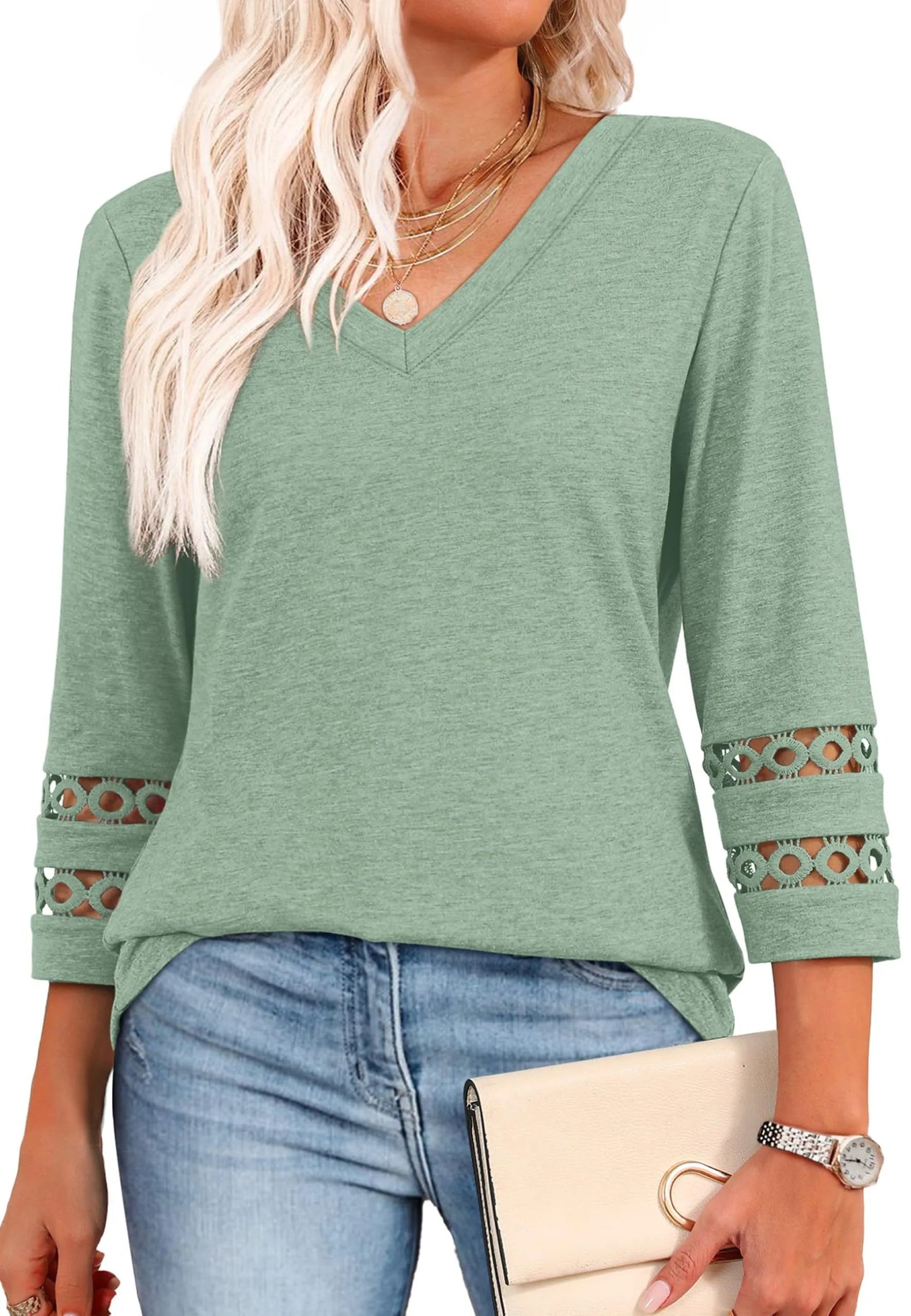 2025 Women's Trendy V-Neck T-Shirt with 3/4 Sleeves - Stylish & Comfortable Top