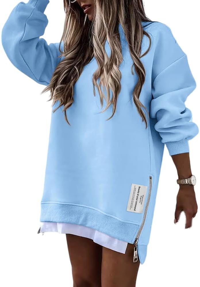 Womens Long Sleeve Zipper Slit Oversized Sweatshirt 2025 Casual Pullover Zipper Hoodies Fall Clothes