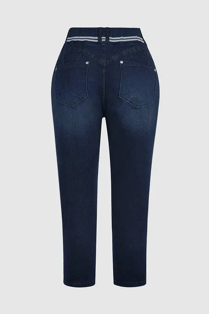 🔥Flash Sale⚡Wash Contrast Binding Double Button Drawstring Mid Waist Capri Jeans