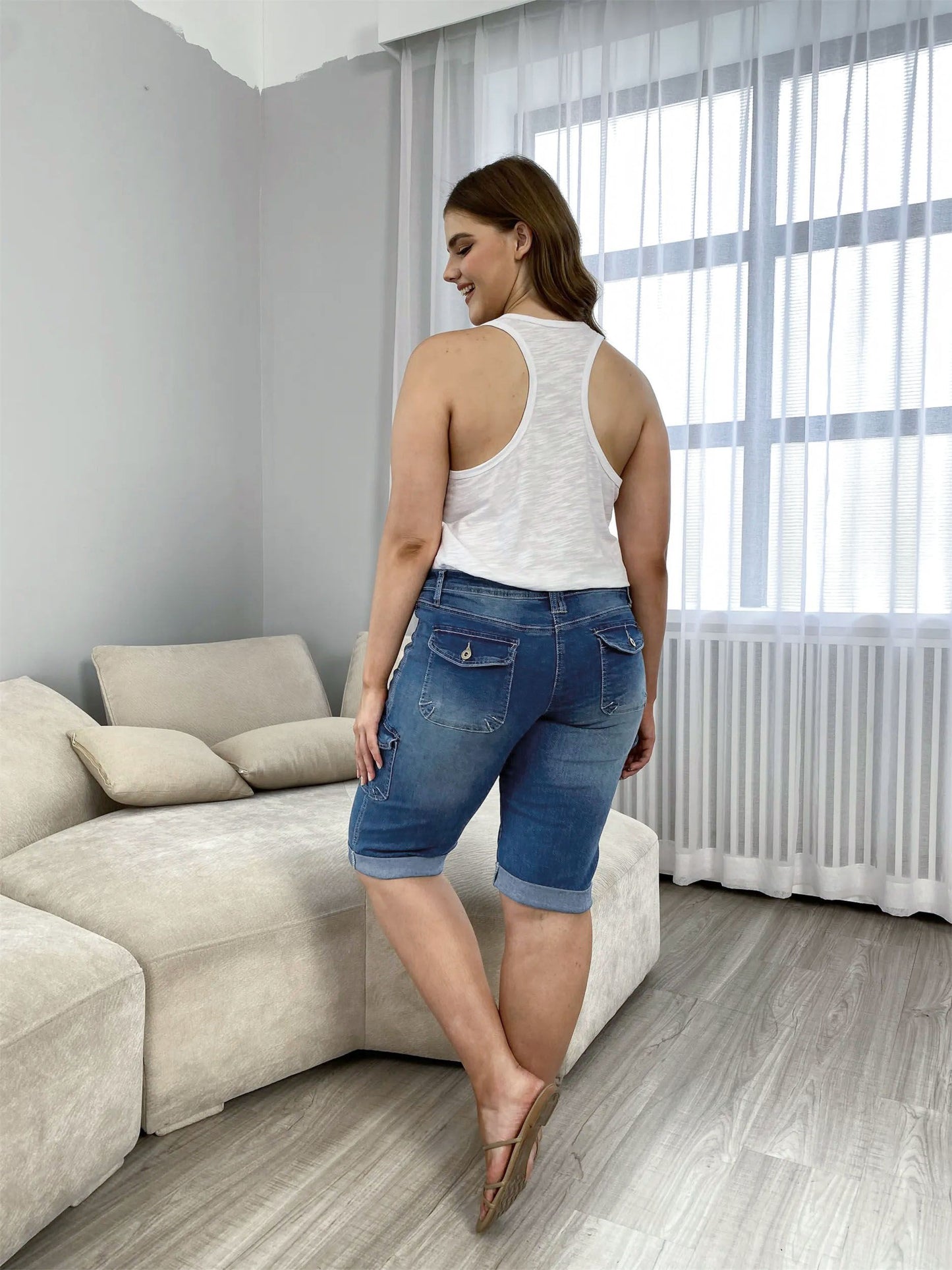 🔥Flap Pocket Roll Hem Denim Bermuda Shorts Without Belt