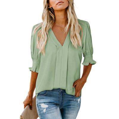 Womens Vneck T Shirts Tops Casual Ruffle Short Sleeve Blouses Boho Floral Graphic Solid