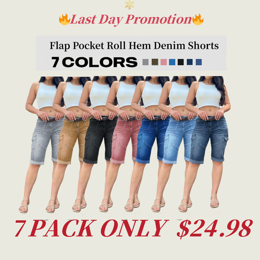 🔥Flap Pocket Roll Hem Denim Bermuda Shorts Without Belt