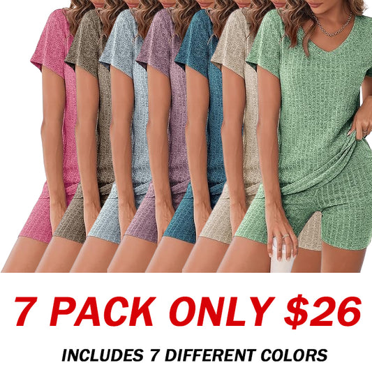 Biker Short Sets Women 2 Piece Outfits Ribbed Pajama Short Sleeve Workout Set