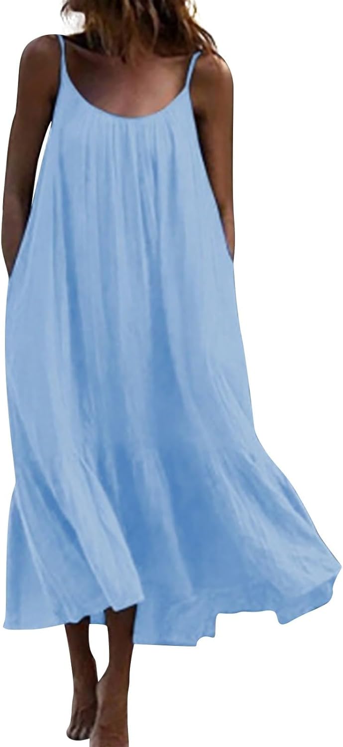 Summer Dresses Loose Fit Sleeveless Spaghetti Strap Asymmetric Tiered Maxi Dress Baggy