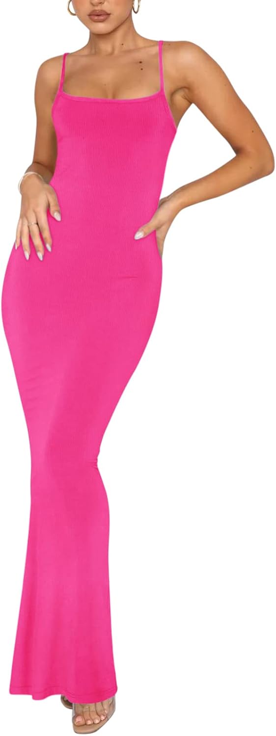 Women's Basic Sexy Lounge Slip Long Dress Elegant Sleeveless Backless Ribbed Bodycon Maxi Dresses